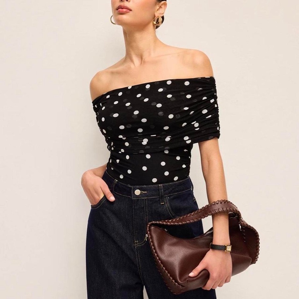 Abercrombie and Fitch Black Polka Dot Mesh Folderover Ruched Bodysuit